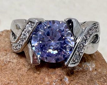 Vintage Rhodium Cocktail Ring, Pink Cubic Zirconia, Size 7 (NOS)