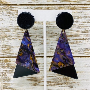 Vintage 1980s Lucite Ohrclips, Schwarz mit Lila marmoriertem Lucite, Ohrclips, Ohrclips, 80er Jahre Deadstock Schmuck