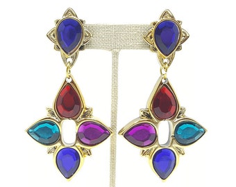 Vintage Gold Colorful Bejeweled Statement Earrings 1980s Huge Oversized Cocktail Earrings Haute Couture Runway Jewelry pierced Earrings