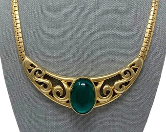 Vintage 1980s Gold & Green Cabochon Gripoix Necklace New Old Stock NOS