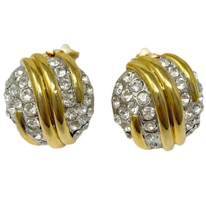 Vintage 1980s Gold Swirl Clear Rhinestone Clip Earrings