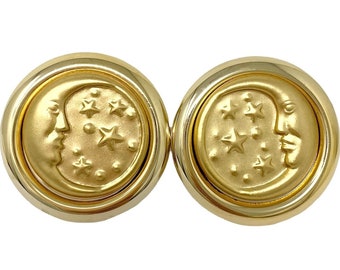 Vintage 1980s Gold Moon & Star Round Clip On Earrings