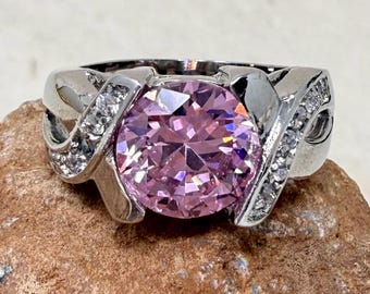 Vintage Rhodium Cocktail Ring, Pink Cubic Zirconia, Size 7 (NOS)
