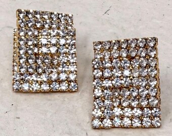 Vintage Rhinestone Clip On Earrings, 1980s Gold Tone Statement