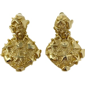 Vintage 1990er Jahre Goldfarbene Herz & Stern Statement Ohrclips