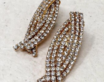 Vintage Rhinestone Clip On Earrings, 1980s Gold Statement Jewelry