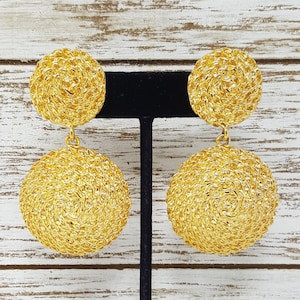 Vintage Golden Glam Statement Earrings, 1980s Gold Cocktail Clip Ons, Big Shiny Gold Dangly Earrings, Haute Couture Retro Runway Jewelry