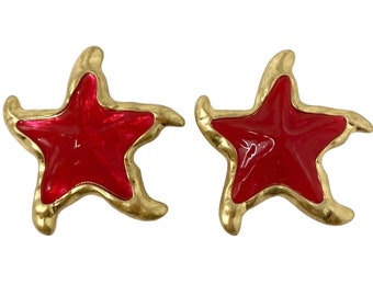 Stunning Vintage 1980s NOS Red & Gold Resin Starfish Statement Clip On Earrings New Old Stock