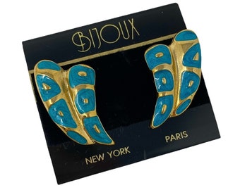 Vintage 1990s 90s Bijoux Blue & Gold Enamel Stud Earrings