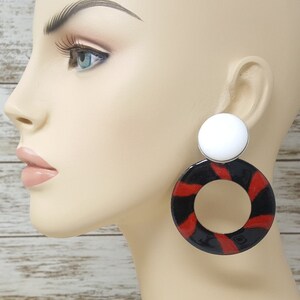 Vintage Enamel Glam Statement Earrings, Black, White & Red, Dangly Pierced Earrings, Haute Couture Retro Runway Jewelry