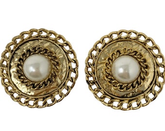 Vintage Pearl Clip Earrings, Gold Tone with White Faux Pearls, 1980s New Old Stock NOS Jewelry