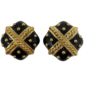 Vintage 1980s NOS Gold & Black Enamel Clip On Earrings New Old Stock