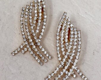 Vintage Rhinestone Clip On Earrings, 1980s Gold Statement Jewelry