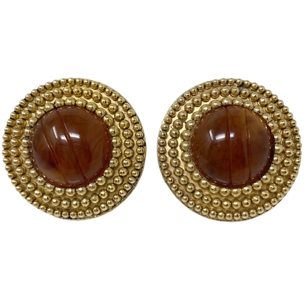 Vintage 1980s ELLEN DESIGNS Amber Cabochon Gold Round Clip On Earrings