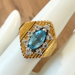 Vintage 1980s 14 KT Gold Electroplate Topaz Blue & Clear Cubic Zirconia Cluster Ring Size 7 New Old Stock NOS