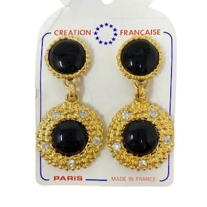 Stunning 1980s 1990s NOS French Chunky Black Cabochon Dangle Clip On Earrings