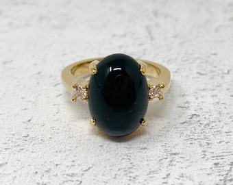 Vintage 1990s Black Onyx Cubic Zirconia Cocktail Ring New Old Stock NOS