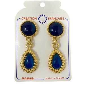 Stunning 1980s 1990s NOS French Chunky Blue Cabochon Dangle Clip On Earrings