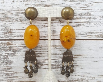 Vintage Bauble Statement Earrings, Bronze & Butterscotch Lucite Dangly Clip Ons, 1980s Massive " Long Cocktail Earrings