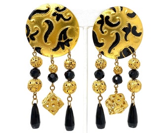 Vintage Black & Gold Geometric Filigree Statement Earrings, Massive Dangly Pierced Earrings, 1980s Golden Glam, Haute Couture Runway Jewelry