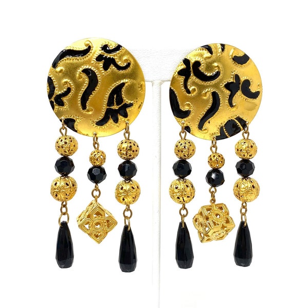 Vintage Black & Gold Geometric Filigree Statement Earrings, Massive Dangly Pierced Earrings, 1980s Golden Glam, Haute Couture Runway Jewelry