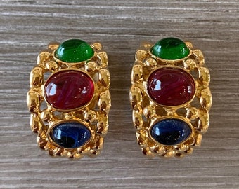 Stunning Vintage 1980s Colorful Cabochon Gold Hoop Clip On Earrings