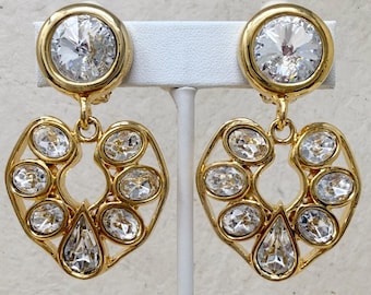 Vintage 1980s 1990s Gold Tone Rivoli Crystal Dangle Clip-On Earrings