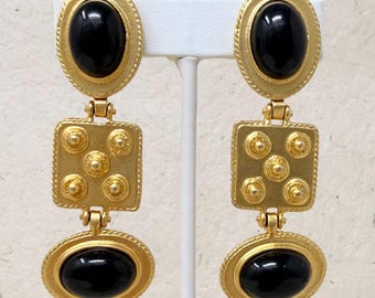 Vintage Chunky Matte Gold & Black Cabochon Dangle Clip-On Earrings