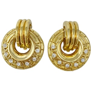 NOS Stunning Vintage Gold & Clear Rhinestone Door Knocker Clip On Earrings New Old Stock
