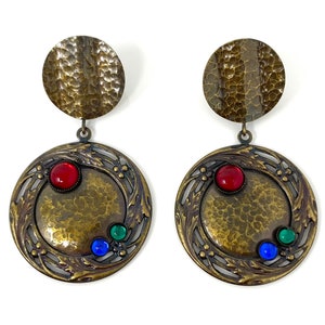 Vintage Bronze Nouveau Statement Earrings, Red, Blue & Green Cabachons, 1980s Big Dangly Ornate Clip Ons, Haute Couture Retro Runway Jewelry