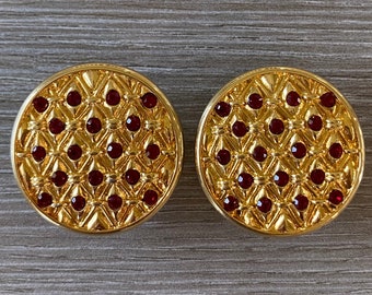 Stunning Vintage 1980s SWAROVSKI Gold & Red Round Button Clip On Earrings