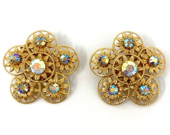 Vintage Flower Clip Earrings, Gold Tone Filigree with Aurora Borealis Rhinestones, Clip Ons, 1960s Jewelry