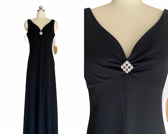 1970s Black Gown, Rhinestone Detail, Vintage Evening Dress, Size Small