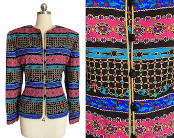 Vintage 1980s Adrianna Papell Colorful Silk Print Blazer Size Medium