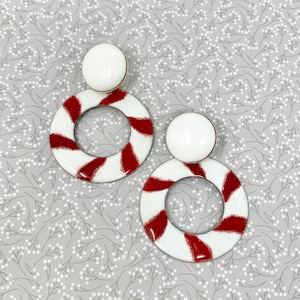 Vintage Enamel Glam Statement Earrings, White & Red, Dangly Pierced Earrings, Haute Couture Retro Runway Jewelry