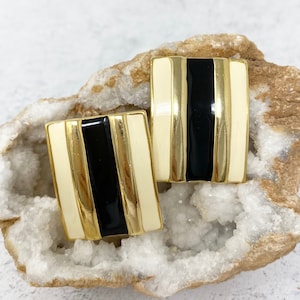 Vintage 1980s Black & Beige Enamel Gold Tone Stripe Clip Earrings
