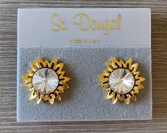 Vintage 1980er St. Dougal Gold & Klare Rivoli Kristall Blume Starburst Ohrclips Neu Altbestand NOS