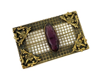 Vintage Art Nouveau Amythest Brass Pin, Victorian Art Deco Brooch, Antique Jewelry