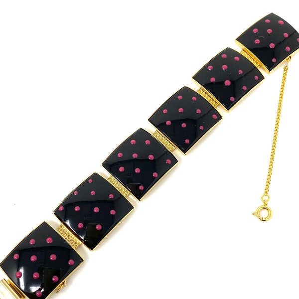 Vintage Retro 1980s Polka Dot Bracelet, Black & Purple, Funky Fun Statement Jewelry, Big Bold Link Bracelet, New Old Stock NOS Deadstock