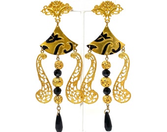 Vintage Black & Gold Geometric Filigree Statement Earrings, Massive Dangly Pierced Earrings, 1980s Golden Glam, Haute Couture Runway Jewelry