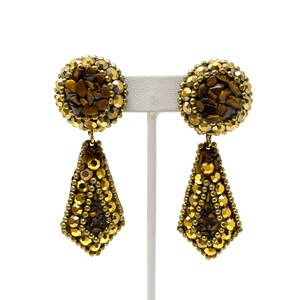 Vintage Clip Earrings, Designer Signed Michele Sugar, Gold Tone with Bronze Crystals and Tigers Eye Chips,  & Brown Crystals