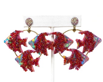 Vintage 1980s Fish Earrings Pink & Gold Tone with Seed Beads