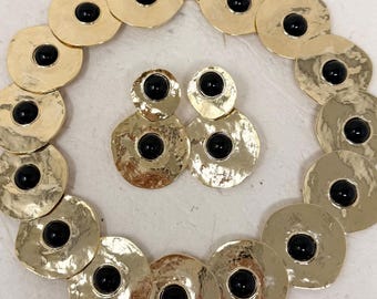 Vintage Gold & Black Cabochon Hammered Collar Necklace Clip-On Earrings Set