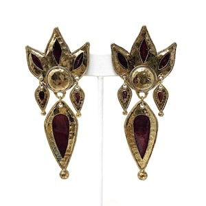 Vintage Estruscan Revival Statement Earrings, Antique Bronze with Wine Red Enamel, 1980s Clip Ons, Haute Couture Runway Jewelry