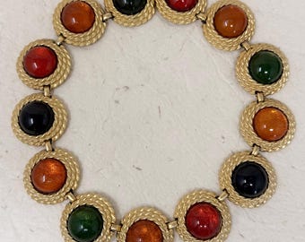 Vintage 1980s Matte Gold Tone Collar Necklace with Colorful Cabochons