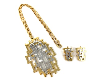 Vintage 1970s Napier Geometric Gold & Silver Tone Pendant Necklace and Clip Earrings Set