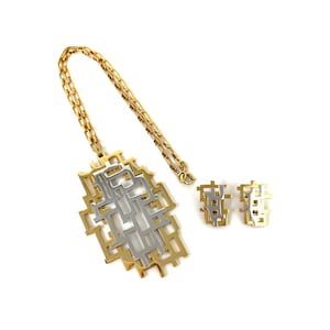 Vintage 1970s Napier Geometric Gold & Silver Tone Pendant Necklace and Clip Earrings Set