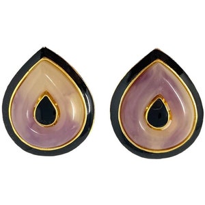 Vintage Clip Earrings, Gold Tone with Black Enamel and Lavender Purple Lucite, 1980s New Old Stock NOS Jewelry