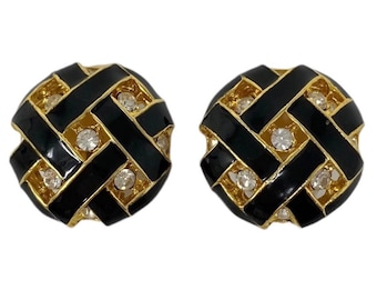 Pendientes de clip vintage de los años 80 con esmalte negro y pedrería