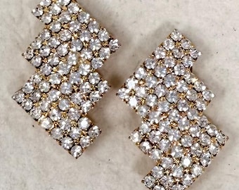Vintage Rhinestone Clip On Earrings, 1980s Gold Tone Statement